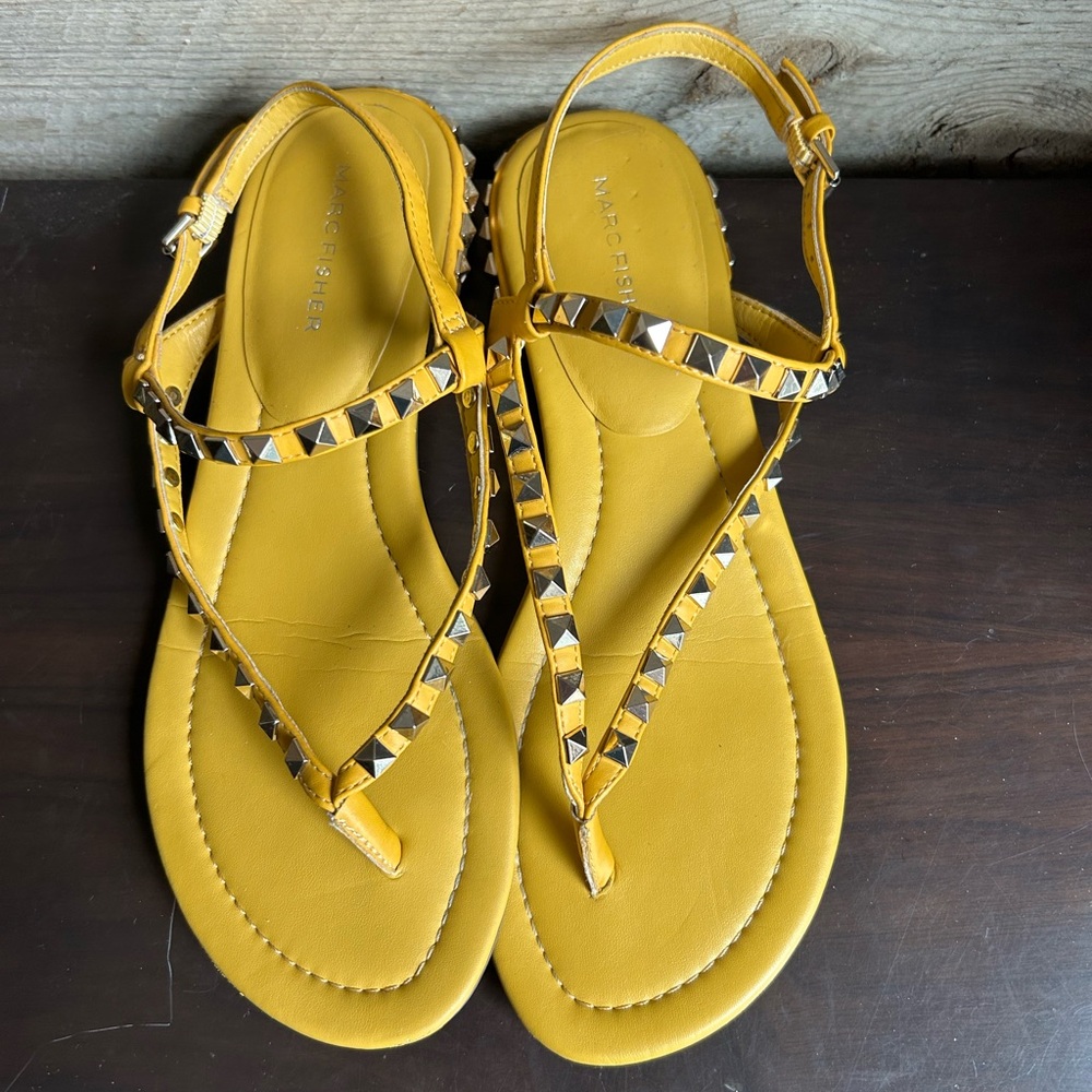 Marc Fisher Yellow T-Strap Sandals with Gold Studs